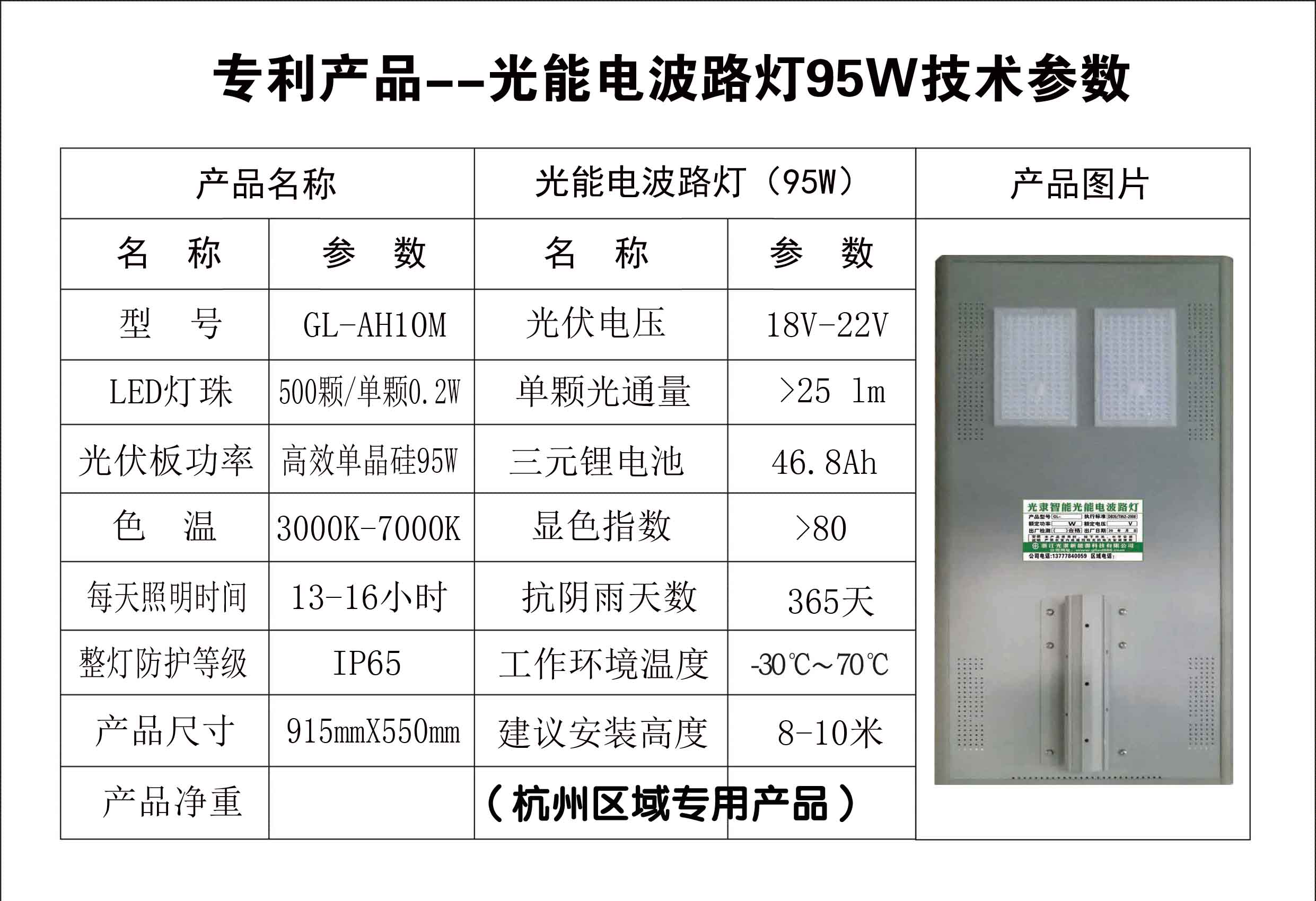 專利產(chǎn)品--光能物電波路燈95W（杭州區(qū)域產(chǎn)品）