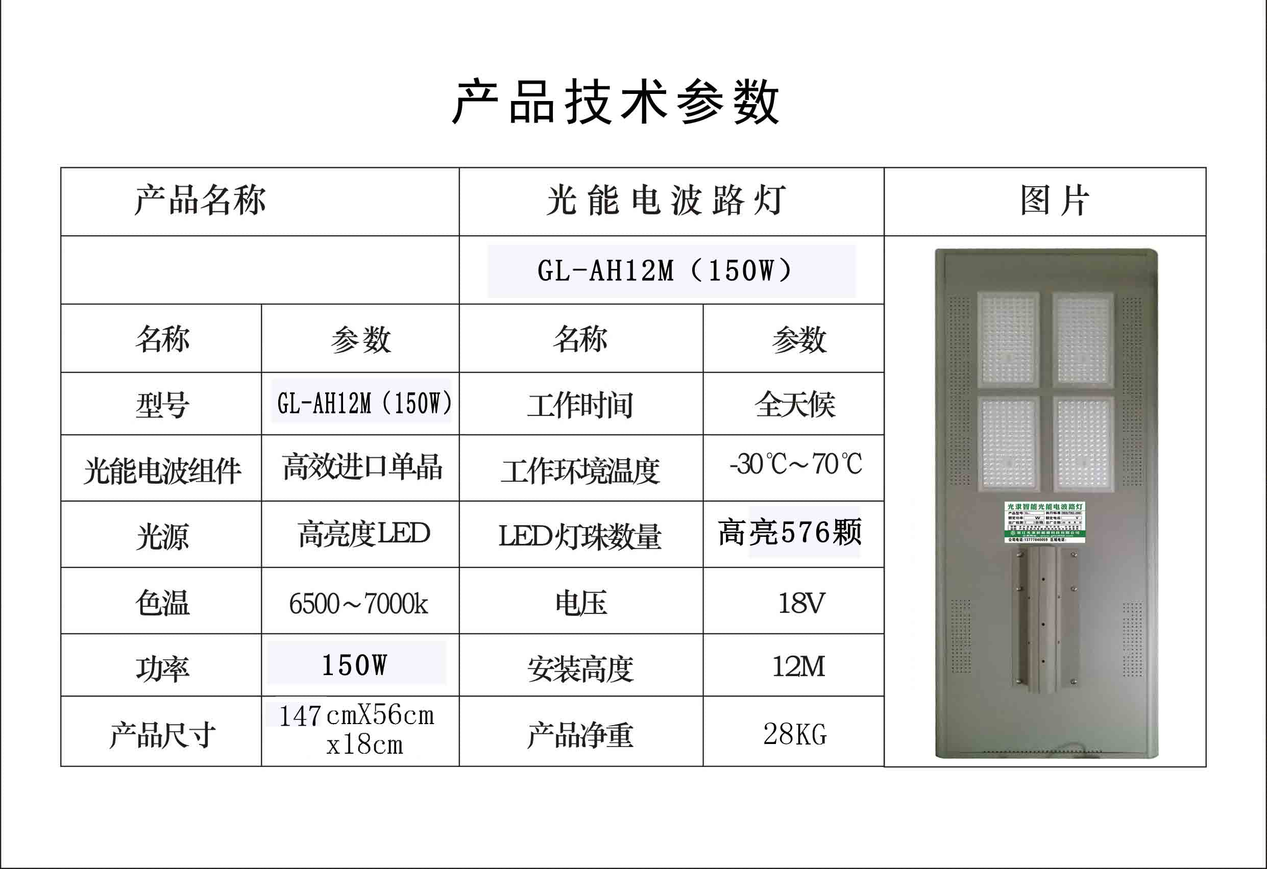 高亮款GL-AH12M（150W）参数